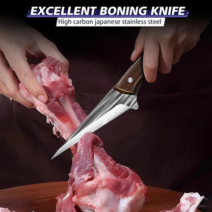 Dfito Butcher Knife Set with Roll Bag, 14 in 1 Professional Chef Knife Set, Hand Forged Bone Chopping Knives & Meat Cleaver Knife & Fillet Knives for Home & Camping & BBQ, Gifts for Men Women