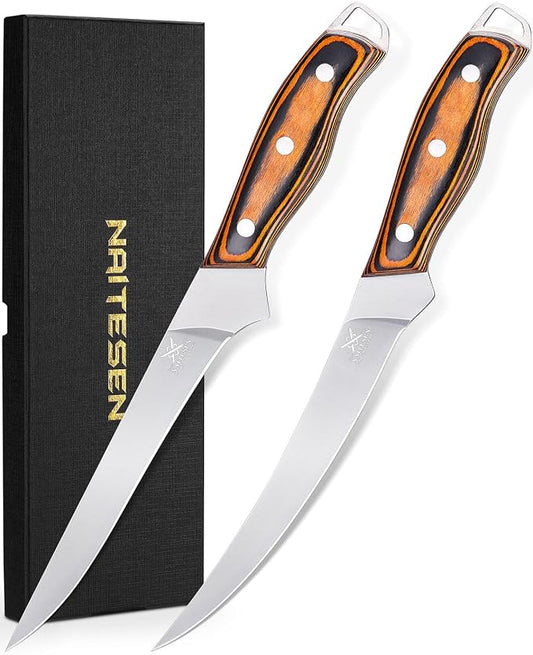Naitesen Professional Boning Knife and Fillet Knife Set 2, Super Sharp Outstanding Flexibility 10Cr18Mov High Carbon Steel Full Tang Wooden Handle for Fish Meat Poultry Cutting Home Kitchen