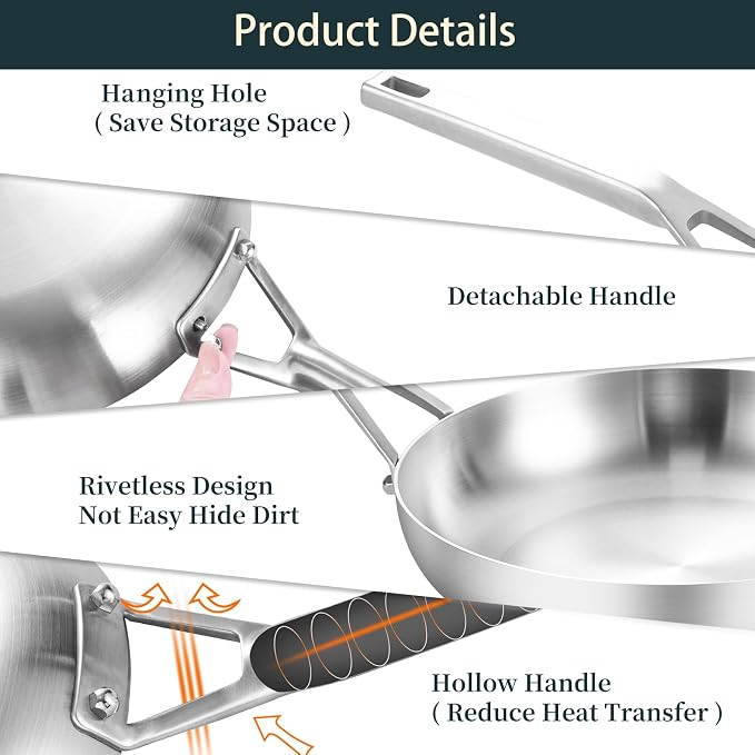 Yeksum Tri-Ply Fully Bonded Stainless Steel 12Inch Frying Pan With Lid, Up to 600℉ Full Clad, Large Cooking Surface for Searing, Induction Ready, Dishwasher and Oven Safe