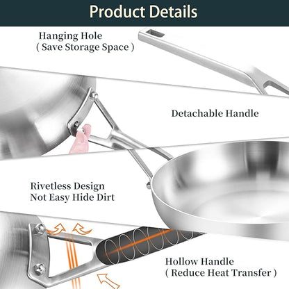 Yeksum Tri-Ply Fully Bonded Stainless Steel Frying Pan, 10",With Tempered Glass Lid, Chef's pan,Skillets,Induction Pan Dishwasher and Oven Safe