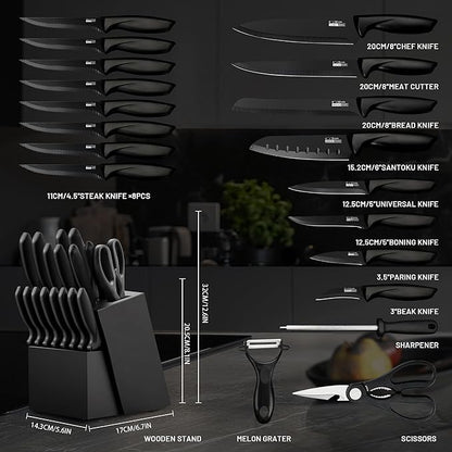 Knife Set, KroWallu 20 Pieces Knife Sets for Kitchen with Block, Dishwasher Safe Kitchen Knife Set with Built-in Sharpener, German Stainless Steel Black Knife Block Set