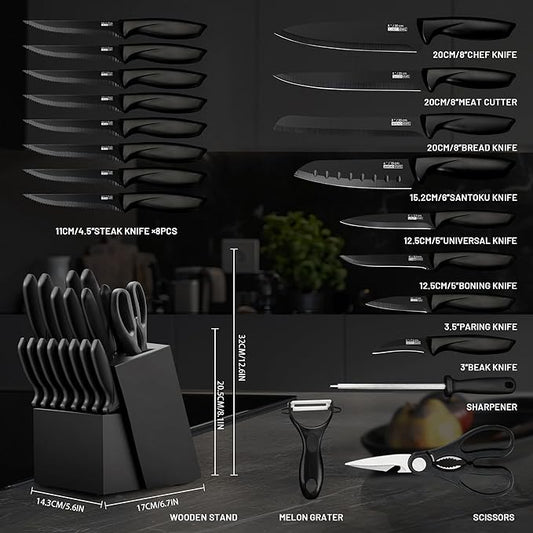 Knife Set, KroWallu 20 Pieces Knife Sets for Kitchen with Block, Dishwasher Safe Kitchen Knife Set with Built-in Sharpener, German Stainless Steel Black Knife Block Set
