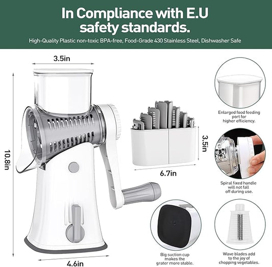 APSARAS USA Cheese Grater Hand Crank, Rotary Cheese Grater, 5 in 1 Rotary Grater, Cheese Shredder Replaceable Stainless Blades with Strong Suction Base, Easy to Clean Kitchen Gadgets with Storage Box