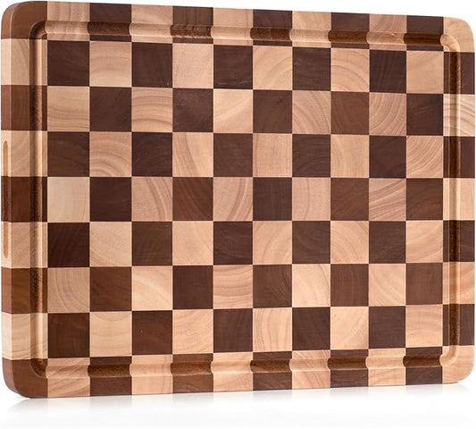 Checkered Cutting Board, Wooden Checkerboard Cutting Board for Kitchen 16 x 12 x 1", Rubber Wood Butcher Block Chopping Board with Juice Grooves & Handles for Meat, Vegetables & Cheese