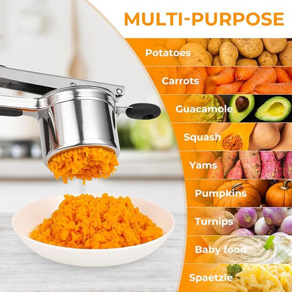 Potato Ricer 15oz, Heavy Duty Stainless Steel Potato Masher with 3 Interchangeable Discs, Large Masher and Ricer Kitchen Tool for Mashed Potatoes, Spaetzle Noodle Maker, Potato Press