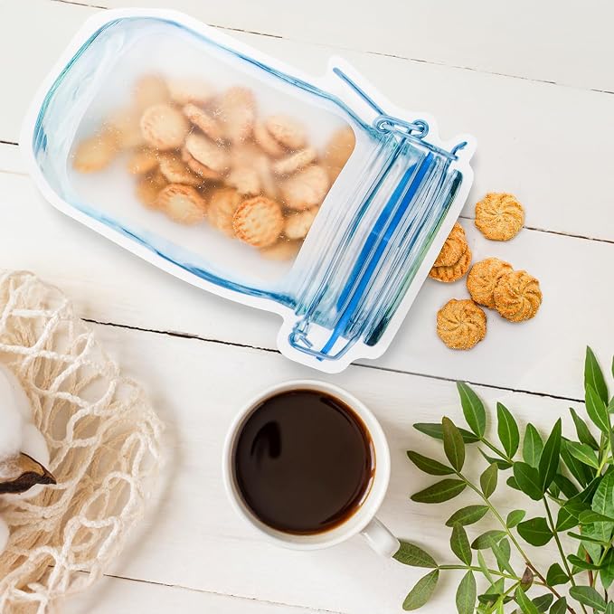 Jucoan 50 Pack Mason Jar Bags, Reusable Mason Jar Zip Snack Bags, Airtight Leakproof Resealable Plastic Food Storage Saver Bags Stand Up Pounches for Spices, Snacks, Camping RV
