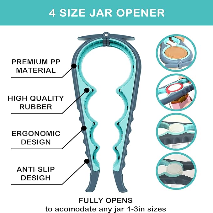 Jar Opener for Weak Hands, Seniors with Arthritis, 5 in 1 Multi Function Bottle Opener Lid Opener For Arthritic Hands with Non Slip Rubber Jar opener Gripper Pad and Corkscrew Wine Opener(BLUE)