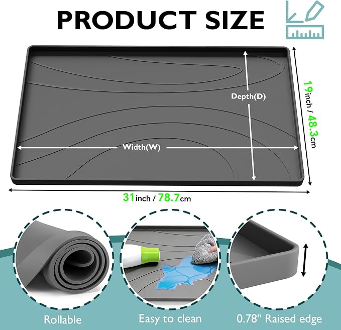 Under Sink Mat 31" x 19", Silicone Under Sink Liner for Kitchen and Bathroom, Waterproof Cabinet Protector Drip Tray, Protects Cabinets from Leaks and Spills