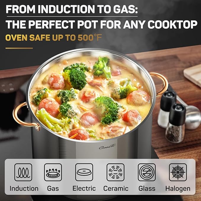 Ciwete Stock Pot 20 Quart, 3 Ply Stainless Steel Stock Pot with Lid, 20 Quart Soup Pot with Copper Handle, Healthy Stockpots, Induction, Oven, Gas and Dishwasher Safe