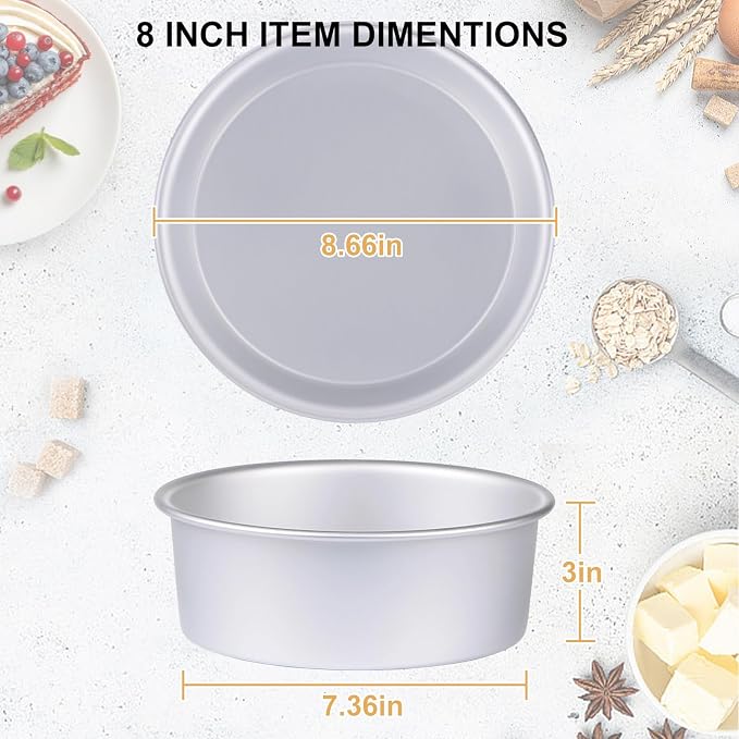 8 x 3 Inch Aluminum Round Cake Pan, 3-Piece Set Cake Baking Pans, Round Layer Cake Baking Pans for Birthday Wedding Home Kitchen DIY Baking Tools, Heavy Sturdy & Healthy, Oven Safe