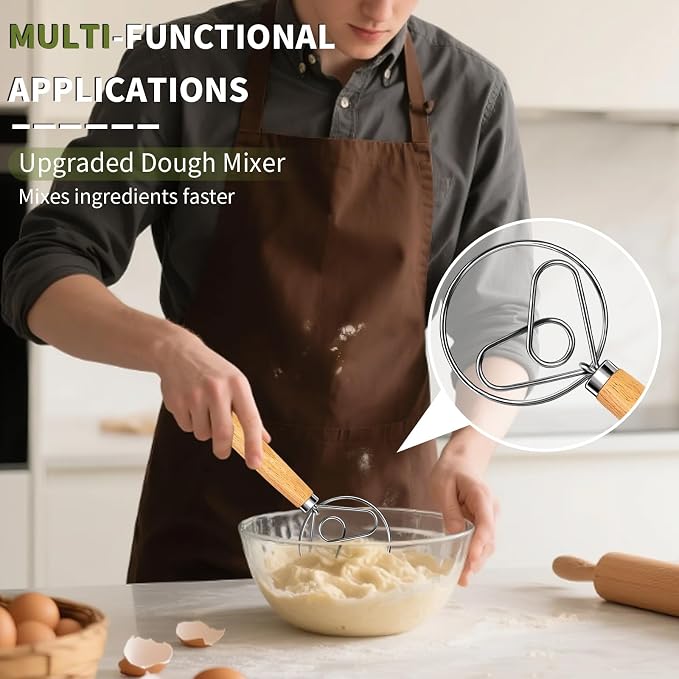 Hand Whisk Stainless Steel Dough Hook Dutch Whisk for Sourdough Bread Dough Mixer Hand Wooden Handle Kitchen Whisking Mixing Tool Bread Making Tools (Love heart shape)