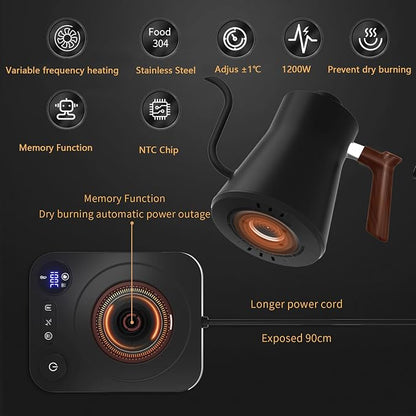RHD Gooseneck Electric Kettle with Temperature Control LCD Display, 0.9L/900ml Pour Over Coffee & Tea Kettle, 1200W Fast Boil, Keep Warm, 304 Stainless Steel, Black