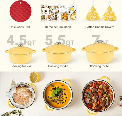 Overmont Enameled Cast Iron Dutch Oven - 4.5QT Pot with Lid Cookbook & Cotton Potholders - Heavy-Duty Cookware for Braising, Stews, Roasting, Bread Baking GooseYellow