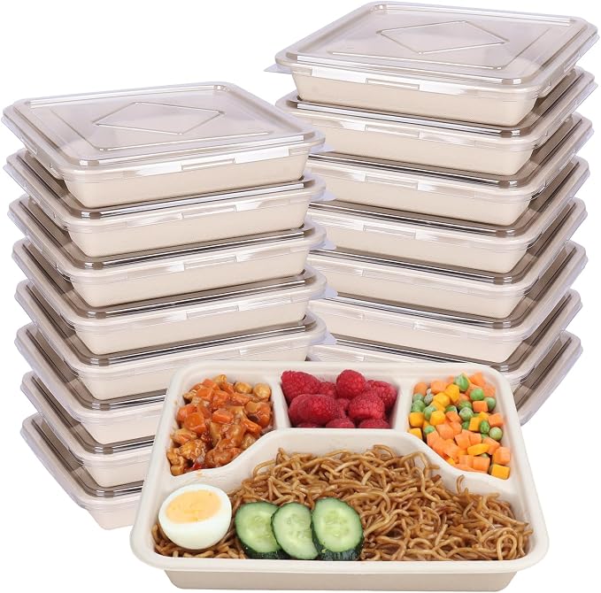 Sugarcane Fiber 37 oz 4 Compartments disposable plates with Lids Bagasse Plant Fibers Freezer Safe 25 Pack