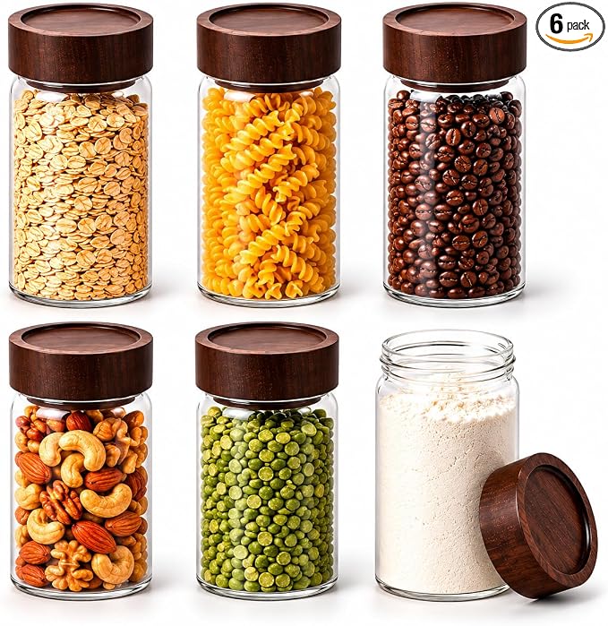 Wide Mouth Glass Storage Jars With 2.5" Acacia Wood Lids - 6 Pack of 9.5 Oz Food Storage Containers - Borosilicate Glass Canisters Sets For Kitchen - Pantry Organizers and Storage for Rice Coffee