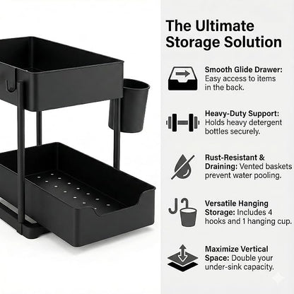 Under Sink Organizer – 2 Tier Sliding cabinet organizer with 4 Hooks & 1 Cup | Multi-Purpose Space Saving Shelf for under kitchen sink storage, Countertop, Bathroom, Pantry & Office Organization