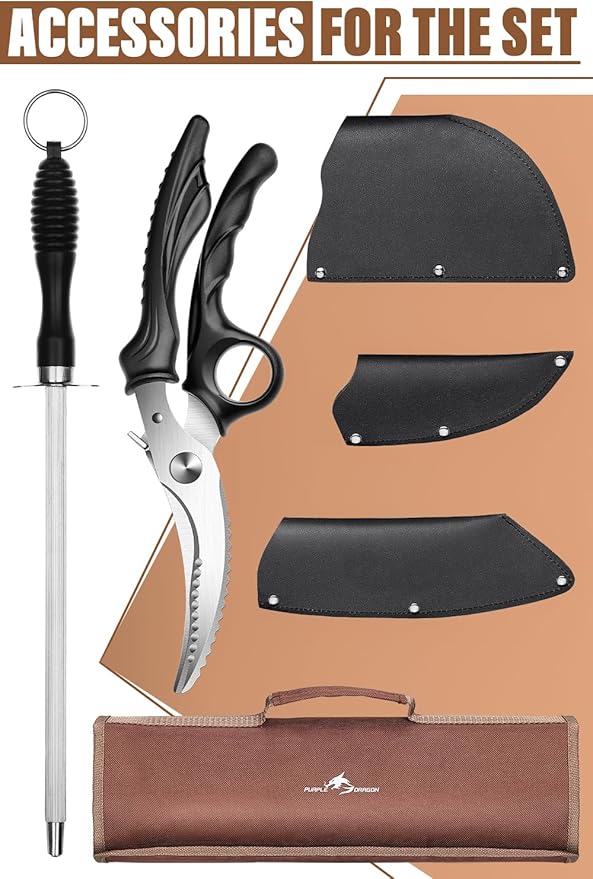 Purple Dragon Butcher Knife Set - 9 Pcs Chef Knife Set - Hand Forged Serbian Chef Knives - Meat Cleaver Boning Viking Knives with Roll Bag - Gift for Men and Women