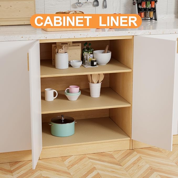 Shelf Liners for Kitchen Cabinets Waterproof - 15" W x 240" L Easy to Clean Drawer Liner - Non-Adhesive Cupboard Mat for Pantry Shelves Khaki