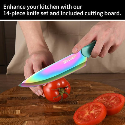 Kitchen Knife Set with Block, 14 Piece Rainbow Titanium Coated Stainless Steel Knives Set, Anti-Rust and Dishwasher Safe, 12 Knives with Kitchen Shears and Block