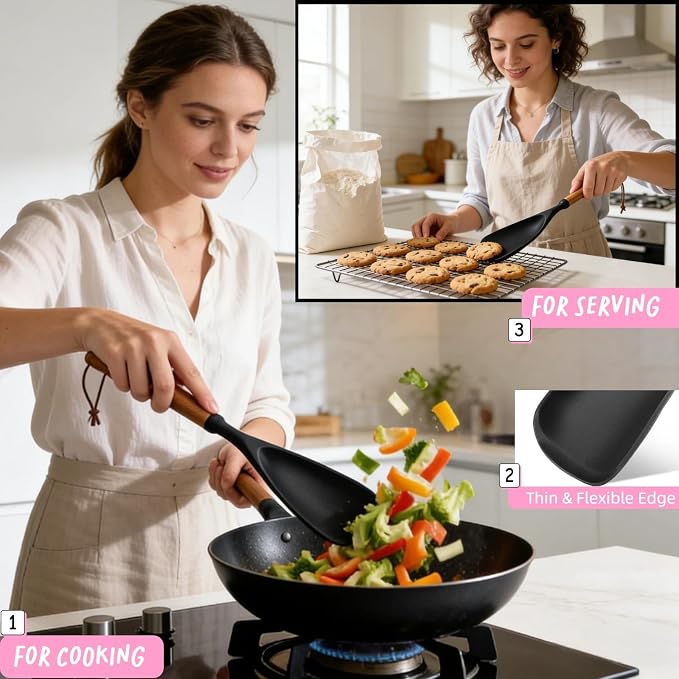 Silicone Cooking Spoons with Non Slotted Spoon, Large Serving Strainer Spoon Set, Multifunction Flat Spoon Spatula, Non-Stick Skimmer Colander Spoon for Mixing,Serving,Draining