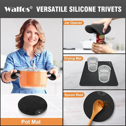 Walfos versatile silicone trivets with a woman holding a pot, jar opener, drying mat, spoon rest, and pot mat.
