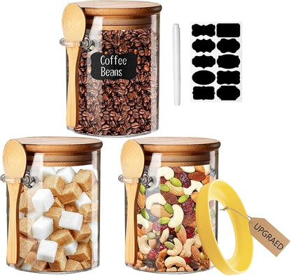 Yalucky Spice Jars, Overnight Oats Containers with Airtight Lid and Spoon, Decorative Kitchen Canisters Set, Glass Storage Containers for Coffee, Tea, Sugar, Spice, Bath Salt, 18Oz/530ML (3PCS)