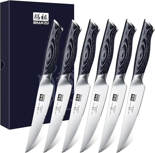 SHAN ZU 6 Pc Steak Knife Set, 4.5 Inch High Carbon Japanese Super Steel Steak Knives, Ultra Sharp Kitchen Steak Knife with K133 Ergonomic Handle, Black Tortoise Genbu Series