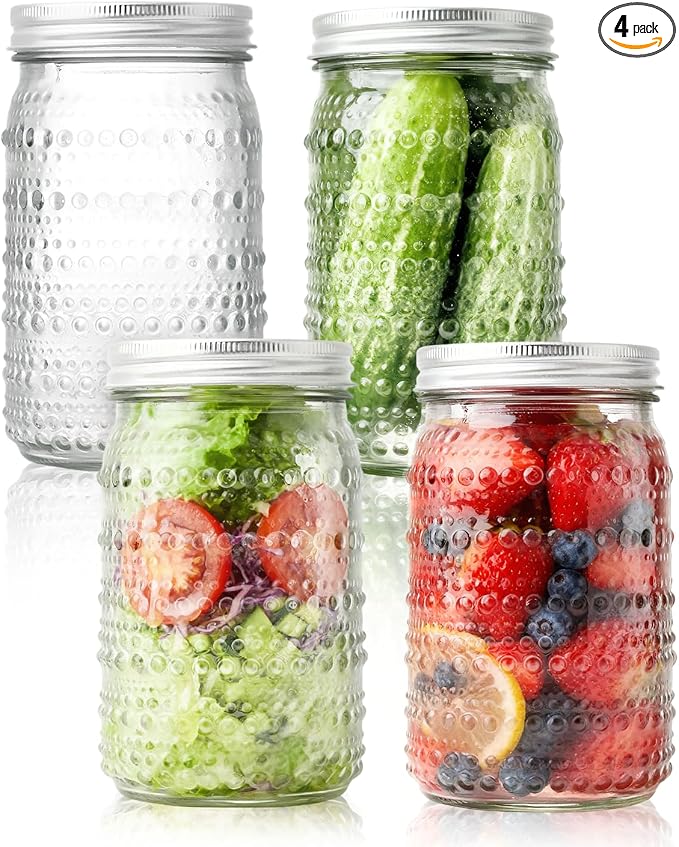 Wide Mouth Mason Jars 32oz, 4 Pack Quart Mason Jars with Lids, Glass Canning Jars for Pickling, Storing Food, Meal Prep, Salad Jam, Overnight Oats, Yogurt