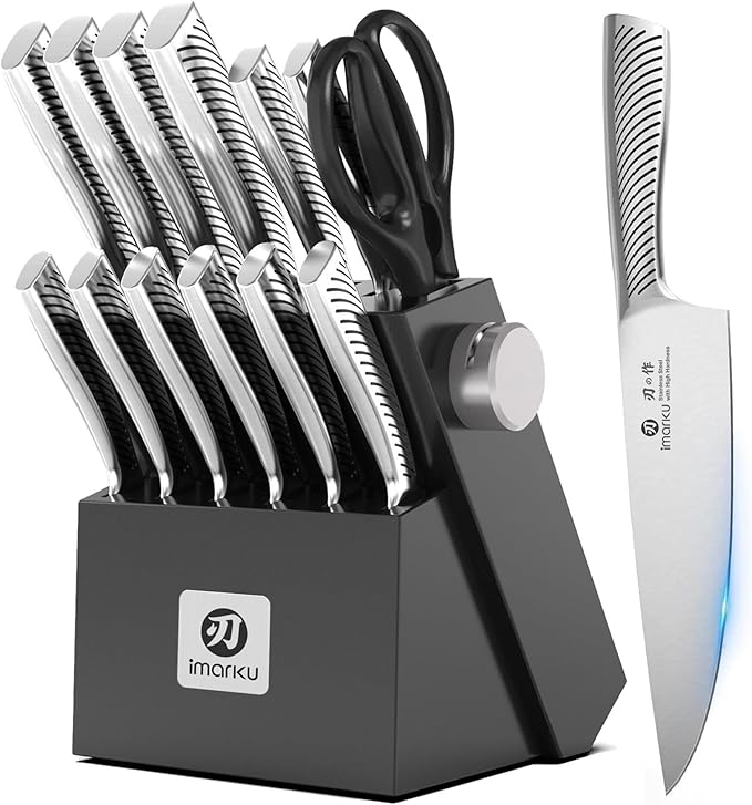 imarku Knife Block Set, 14Pcs High Carbon Stainless Steel Knife Set with Block, Kitchen Knife Set Black, Dishwasher Safe, Build-in Sharpener, Gifts for Men