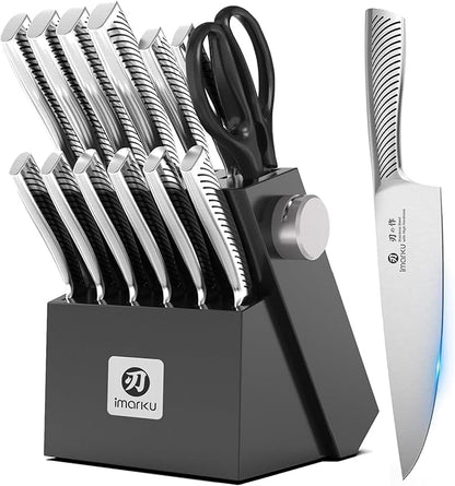 imarku Knife Block Set, 14Pcs High Carbon Stainless Steel Knife Set with Block, Kitchen Knife Set Black, Dishwasher Safe, Build-in Sharpener, Gifts for Men