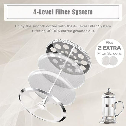 DUJUST Silver French Press Set with 6 Cups & Tray, Luxury Design Coffee Maker with 4-Level Filter System, Hot & Cold Resistant Glass French Coffee Press Set, Well Packed, Holiday Gift & Home Décor