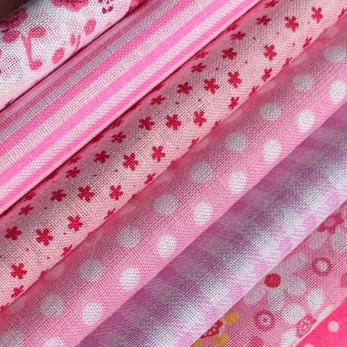 7PCS Cotton Craft Hobby Fabric 50x50CM Quilting Fabric Squares Bundle Different Patterns Printed Handmade Cloths for Arts Sewing Patchwork DIY Scrapbooking Tissue (Pink)