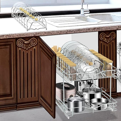 FULGENTE Professional Pull Out Cabinet Organizer Rack for Lid Cookware 14" W x 18" D 2 Tier Slide Out Kitchen Cupboard Under Sink Shelves Storage Pullout Pan Pot Organizer Wire Frame Chrome Finish