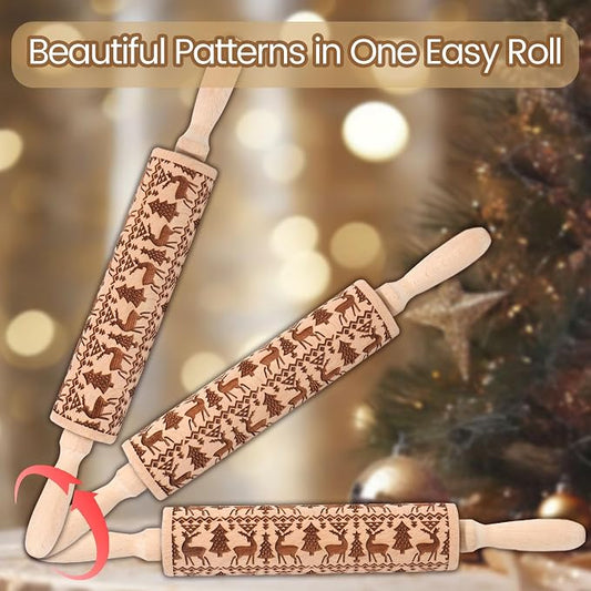 Christmas Embossed Rolling Pin for Baking Cookies Embossing Rolling Pins with Design Wooden Engraved Springerle Roller Pin Animal Dough Patterned Clay Pottery Ceramic Bakers Women (Reindeer & Tree)