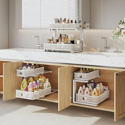 2 Pack Under Sink Organizer With Smooth Cylindrical Rail,2-Tier Pull Out Multi-Purpose Cabinet Storage for Bathroom&Kitchen,Height Adjustable,Rust-resistant Coating-White