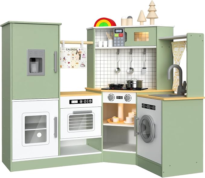 Babytronic Corner Wooden Play Kitchen Set for Kids w/Lights & Sounds, Pretend Play Kitchen Playset with Stove, Microwave, Ice Maker & Accessories, Perfect for Toddlers & Multiple Children (Green)