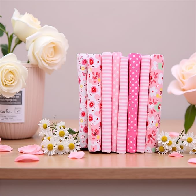 7Pcs Top Cotton Craft Fabric Bundle Squares Patchwork,DIY Sewing Scrapbooking Quilting Floral Dot Pattern Craft and Hobby Fabric,Fabric Arts,Crafts and Sewing10 x 10" (25cm x 25cm) (Pink)