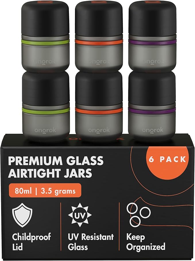 ONGROK Glass Storage Jar, 80ml, 6 Pack | UV Herb/Spice Jar with Child‑Resistant Lid, Color‑Coded Glass Containers to Preserve Smell and Aroma