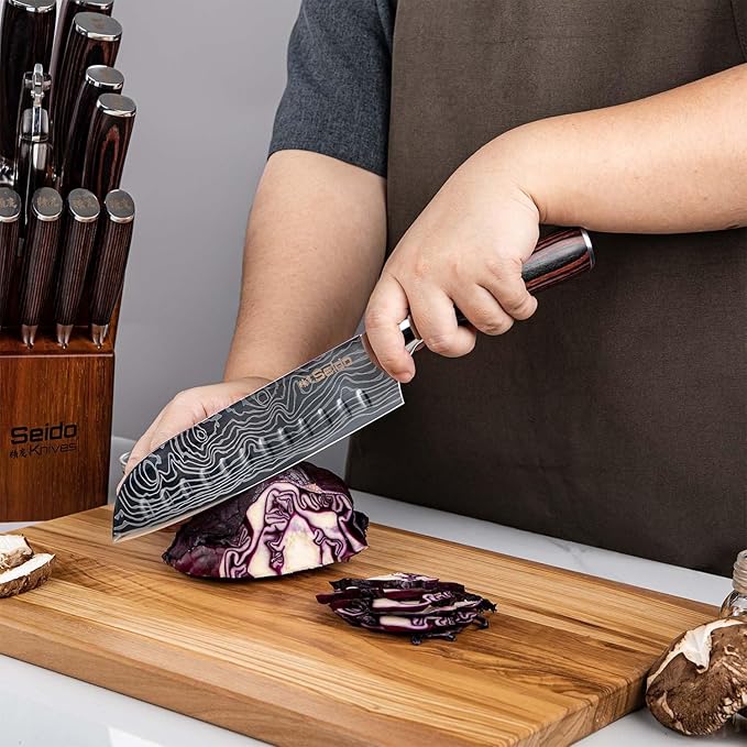 Seido Knives 5-Piece Damascus Master Chef Knife Set - Includes Gyuto, Santoku, Nakiri, Paring Knives - High-Carbon Stainless Steel Kitchen Knives