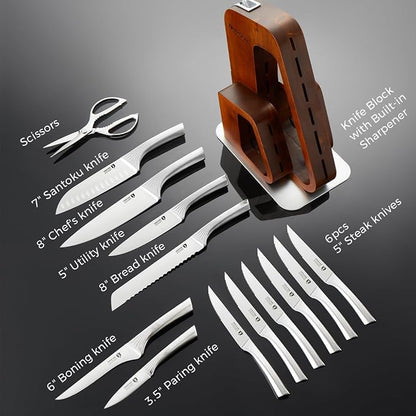 KINGSTONE Kitchen Knife Set with Block,14 Pcs German Stainless Steel Knife Set with Built-in Sharpener, Dishwasher Safe Knife Block Set (walnut, 14pcs)
