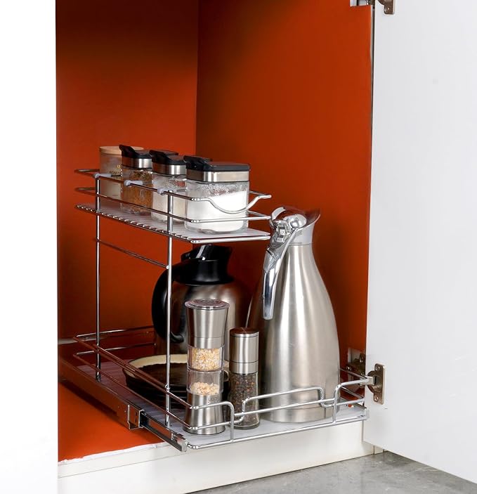 VEVOR 2 Tier Pull Out Cabinet Organizer, 12"W x 17"D Slide Out Pantry Shelves, Sliding Drawer Storage, Chrome-Plated Steel Heavy Duty Roll-out Drawers, for Inside Kitchen Cabinet, Bathroom, Under Sink