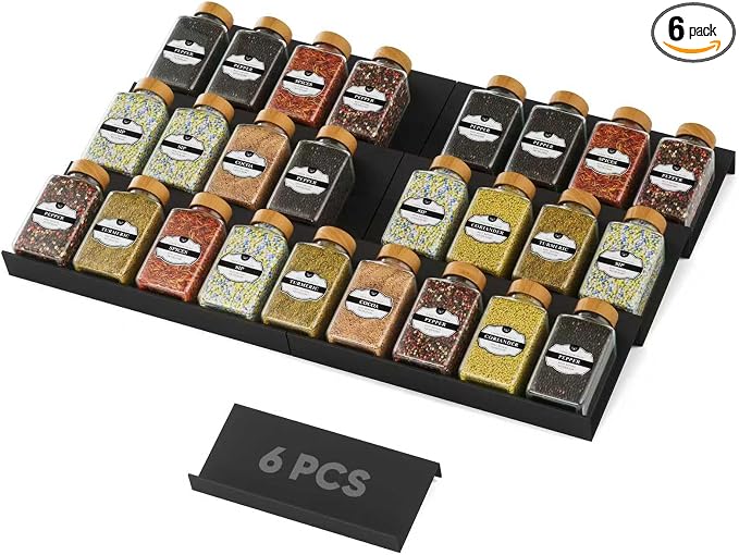Spice Drawer Organizer, Spice Rack Tray for Kitchen Cabinet, Expandable Seasoning Storage Rack Insert for Drawer/Countertop,6 Pieces Set, ABS (Jars Not Included)