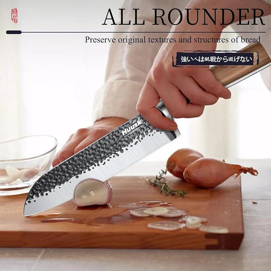 Huusk Santoku Knife 7 Inch Japanese Kitchen Knife Hand Forged Chopping Knives Razor Sharp Chef Knife for Vegetables Meat Home Cooking with Premium Present Box for Dad Mom