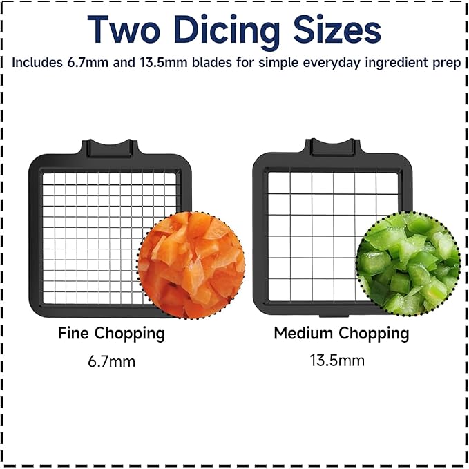 2-in-1 Vegetable Dicer, Onion Chopper with 6.7mm and 13.5mm Dicing Blades, 1.5L Food Prep Container for Salad, Potato, Tomato, Home Kitchen Meal Prep (White & Black)