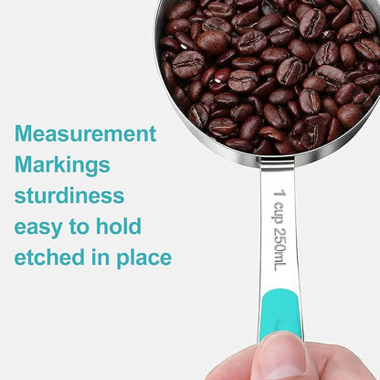 Bopei Measuring Cups and Spoons Set Stainless Steel 10 Piece for Cooking and Baking (5 Cups + 5 Spoons, Aqua Sky Handle)