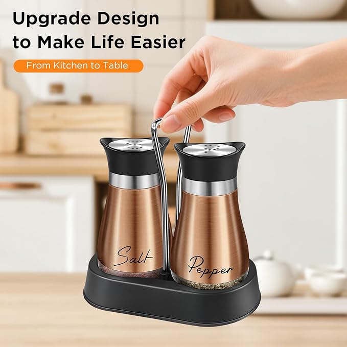 Salt and Pepper Shakers Set, 4 oz Stainless Steel Salt Shaker, Farmhouse Salt Pepper Shaker Containers with Glass Bottom for Kitchen Gadgets Cooking Table, BBQ, Bar, RV, Camp (Brown)