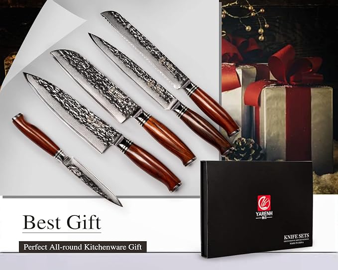 YARENH Chef Knife Set without Block, 5 Piece Professional Sharp Kitchen Knives,Damascus Stainless Steel, 73 Layers, Full Tang, Dalbergia Wood Handle, HTT Series
