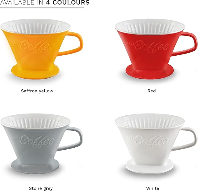 Creano Porcelain Coffee Dripper Saffron Yellow - Ceramic Cone Brewer - Pour Over Coffee Maker for Filter Bags Size 4 - Easy Manual Brew for pure taste - also for Camping, Hiking