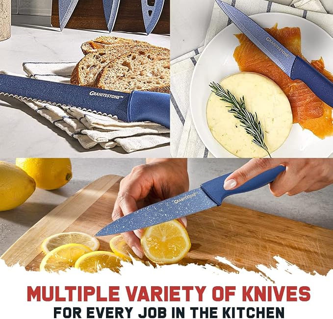 Granitestone Nutriblade Knife Set, High Grade Professional Chef Kitchen Knives Set, Knife Sets Toughened Stainless Steel w Nonstick Mineral Coating, Blue, 6 Piece