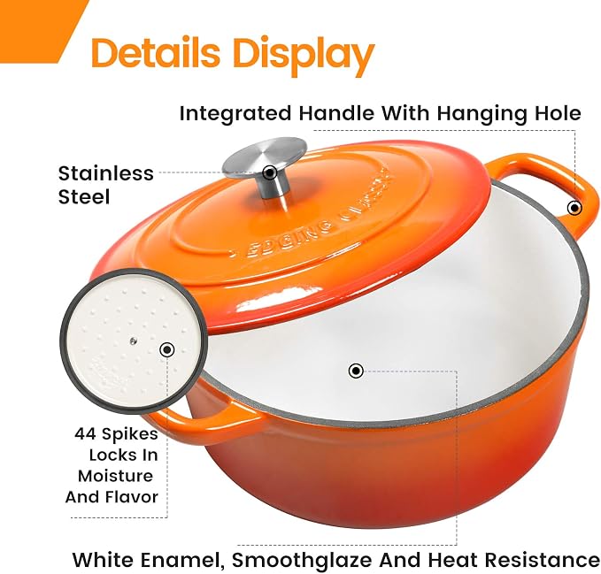 EDGING CASTING Enameled Cast Iron Dutch Oven, 5.5 Quart, Round Cast Dutch Ovens Pot with Lid Dual Handle for Bread Baking, Oven Safe up to 500°F, Orange